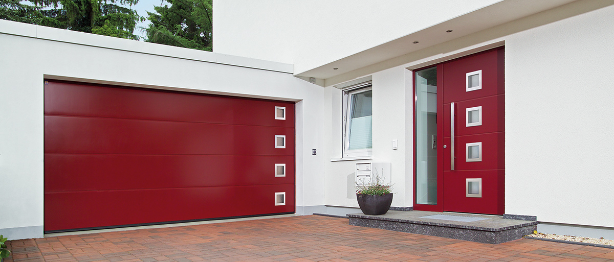 red sectional garage door glass squares stainless steel